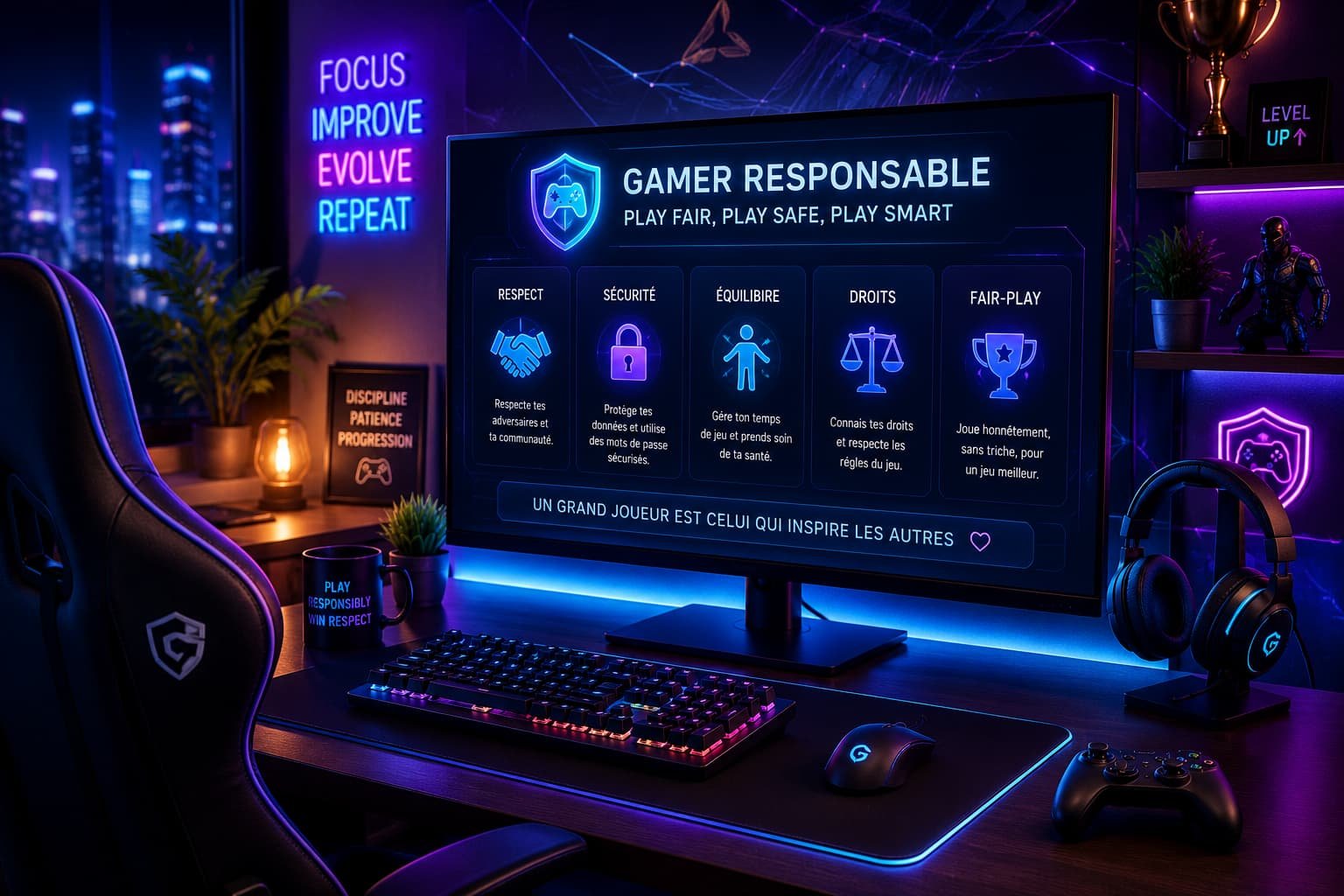 Illustration de la leçon sur la sécurité, les droits et le fair-play dans le gaming