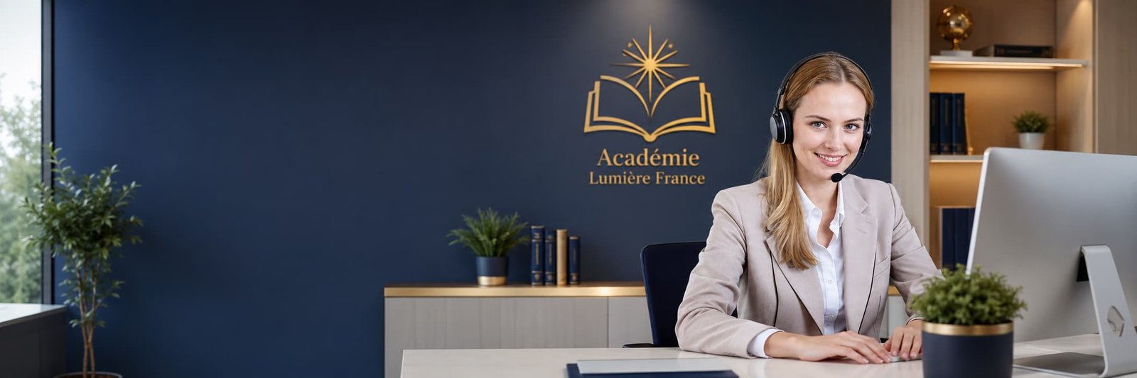 Conseillère du service client de l’Académie Lumière France portant un casque