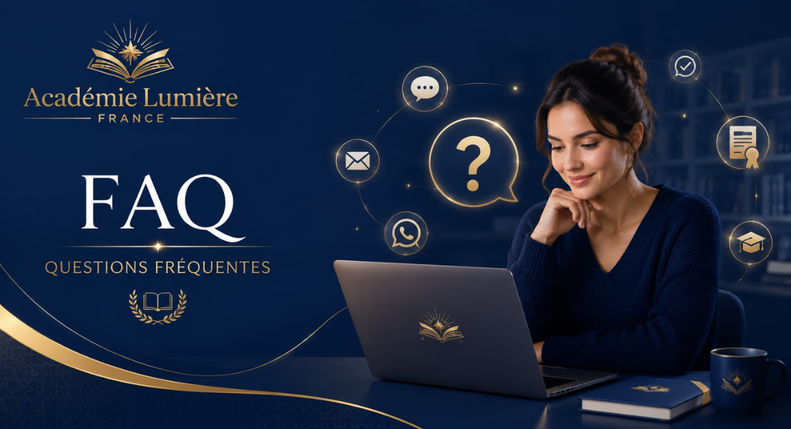 Étudiante consultant la FAQ de l’Académie Lumière France sur son ordinateur