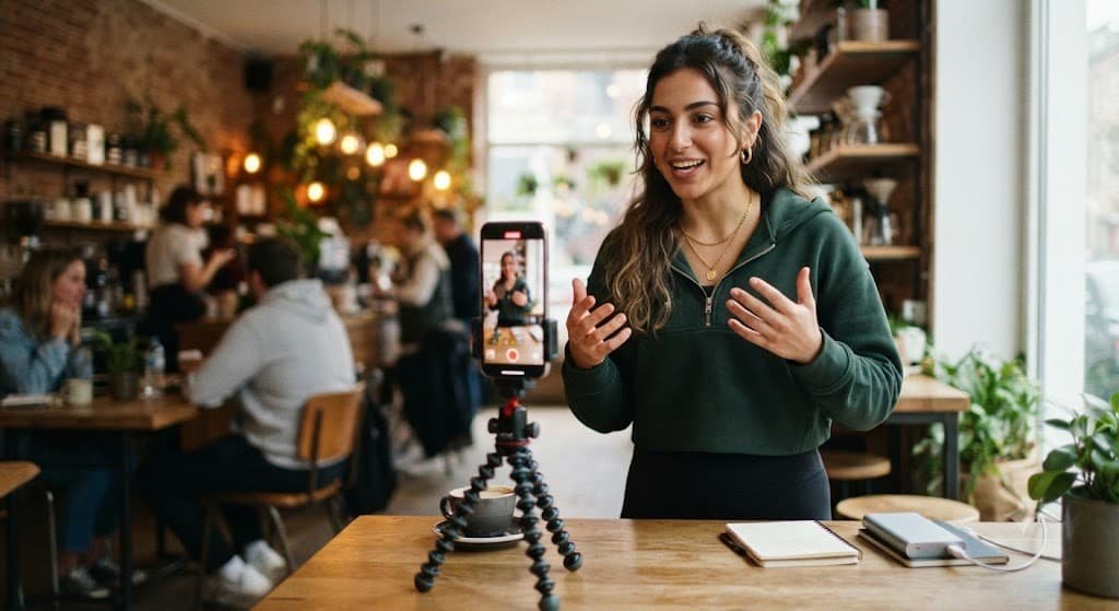 Jeune créateur ajustant la lumière et le tournage avec son téléphone