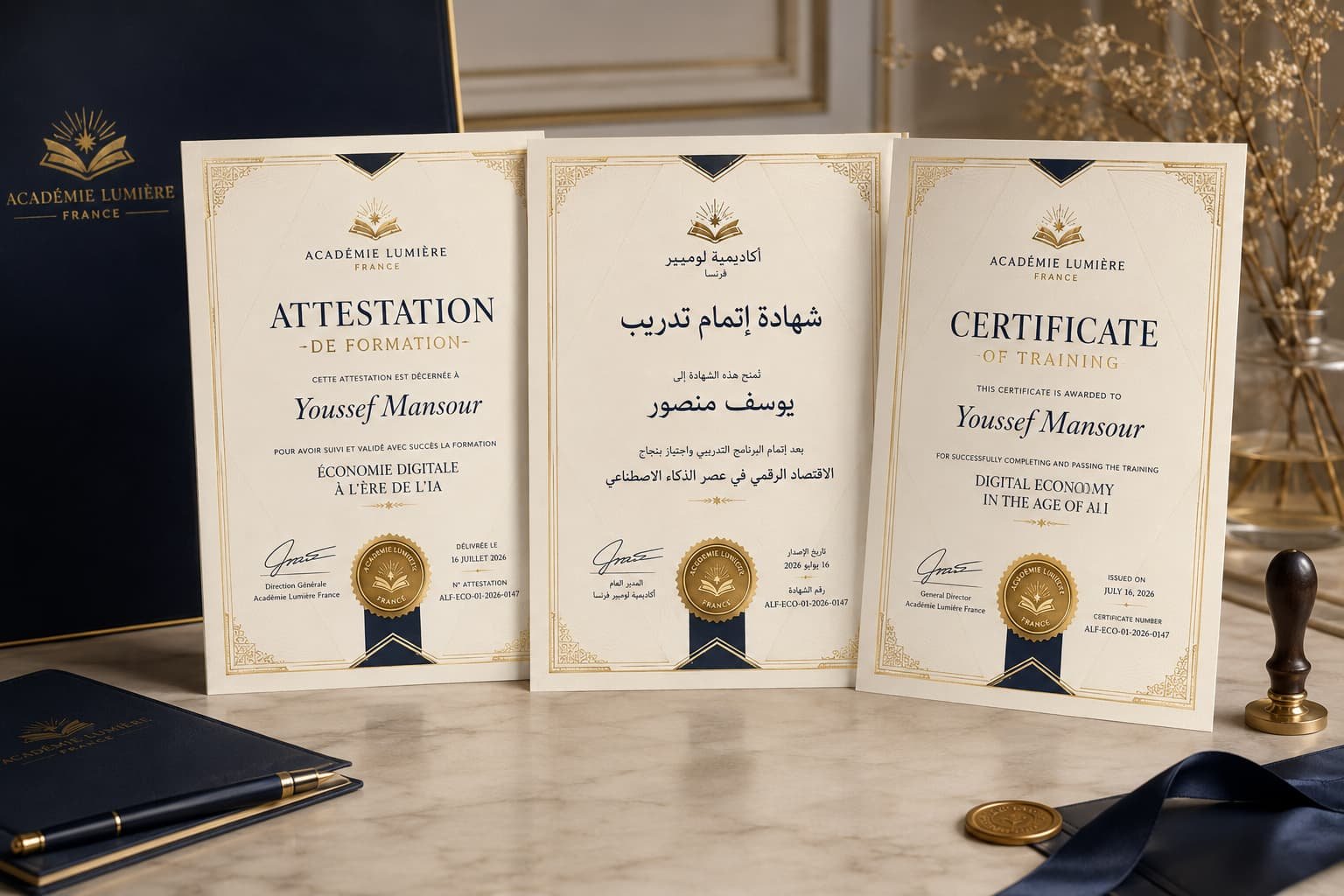 شهادات أكاديمية لوميير فرنسا بالفرنسية والعربية والإنجليزية