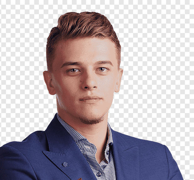 Portrait d’un jeune homme en costume bleu sur fond transparent