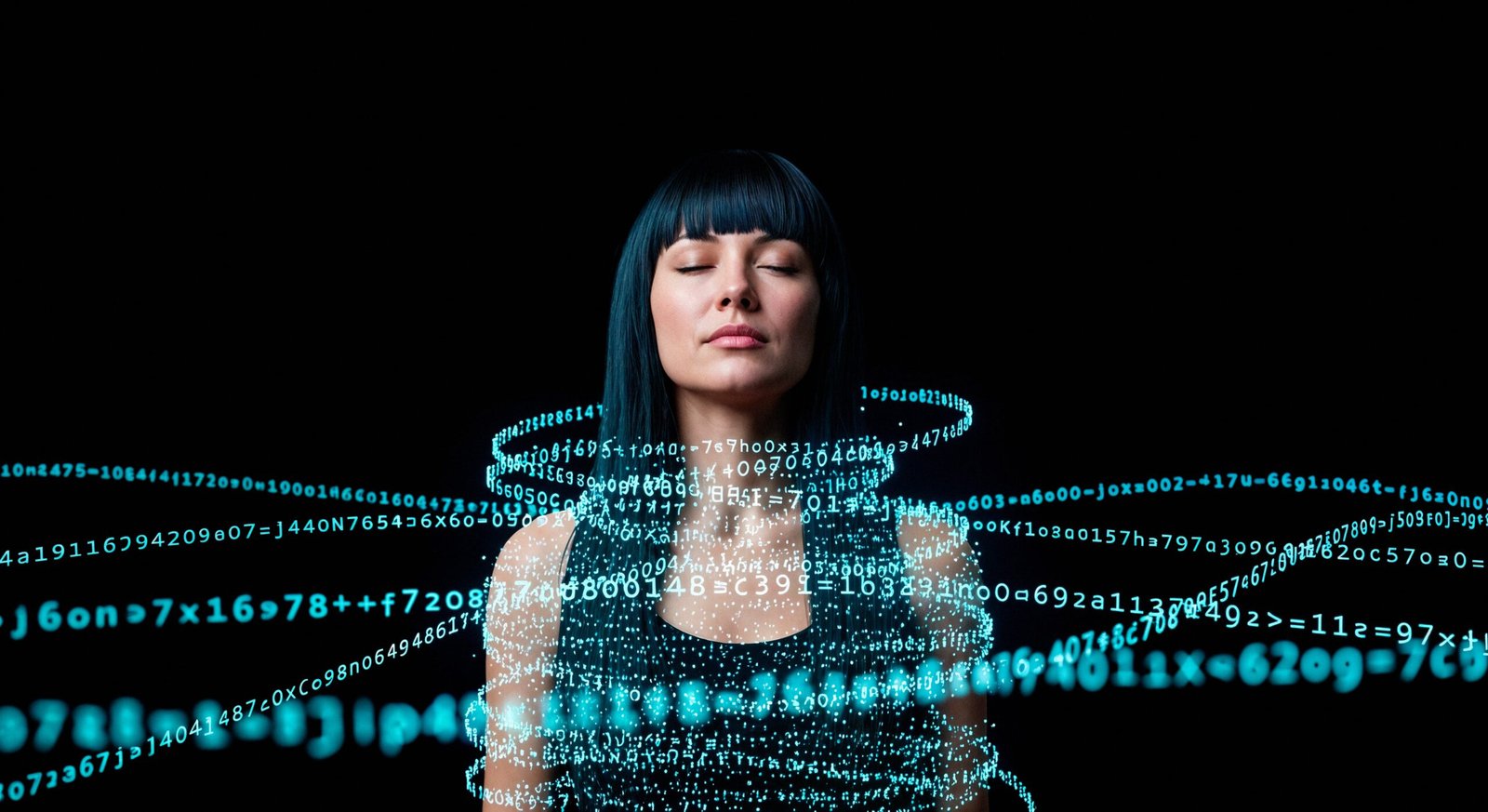 Personne entourée de flux de données symbolisant l’équilibre entre intelligence artificielle et jugement humain