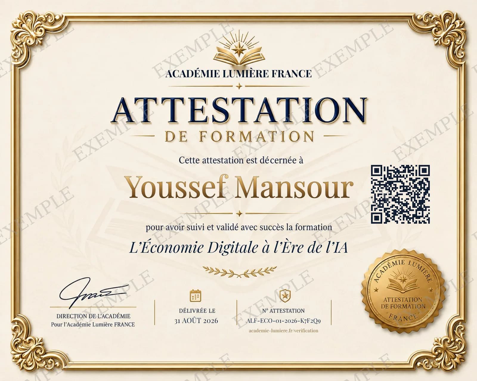 Exemple d'attestation privée de réussite en français, délivrée par l'Académie Lumière France